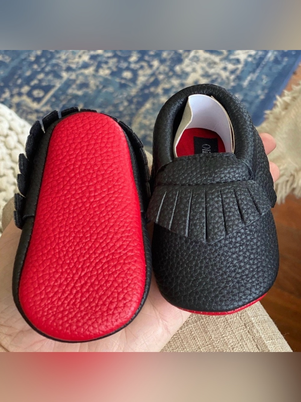 Kids Black and Red Fringe Moccasin Baby Shoes